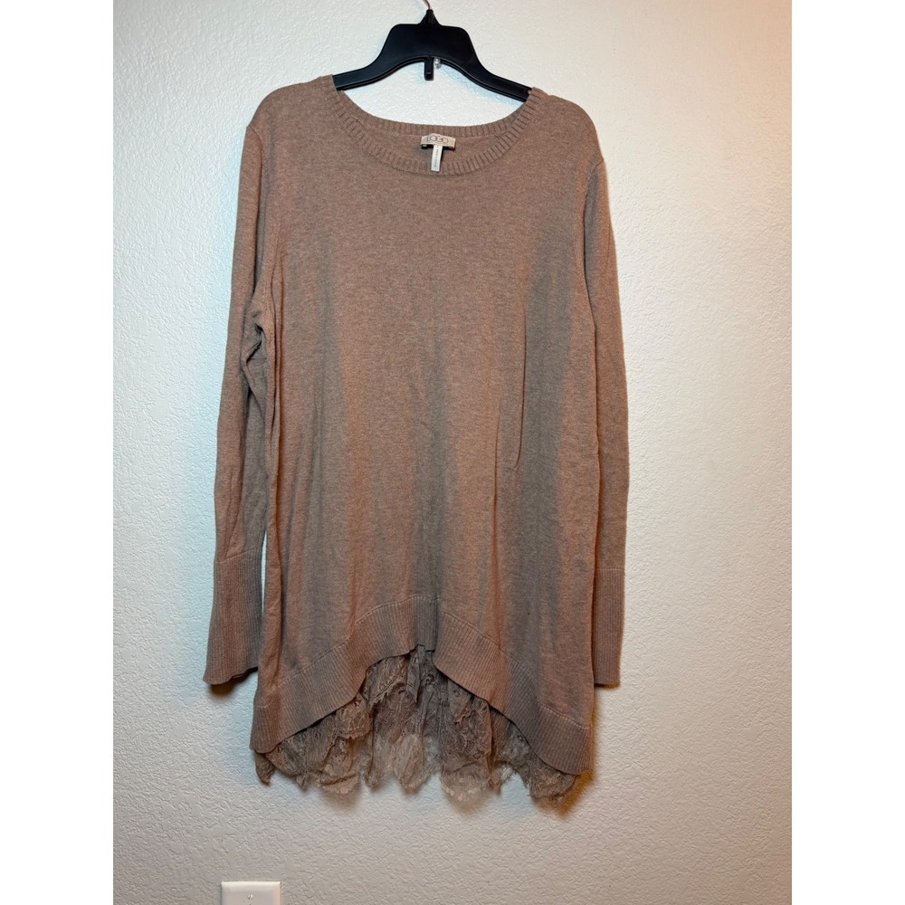 LOGO Womens Taupe Brown Lace Trim Hem Long Sleeve Knit Sweater Size Large